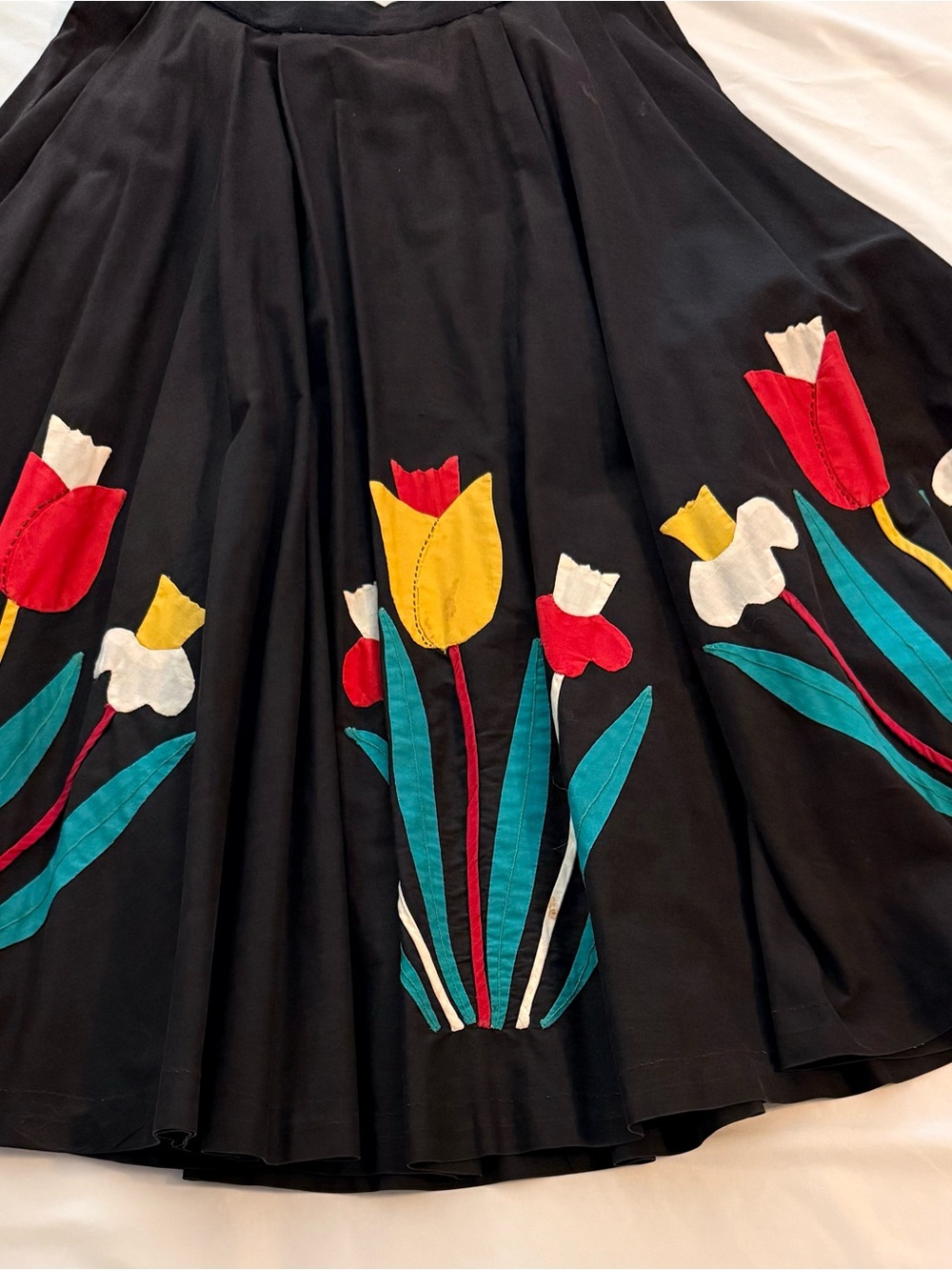 Hand Crafted Black Circle Skirt with Red, Yellow & White Tulip Appliqués (MM1)